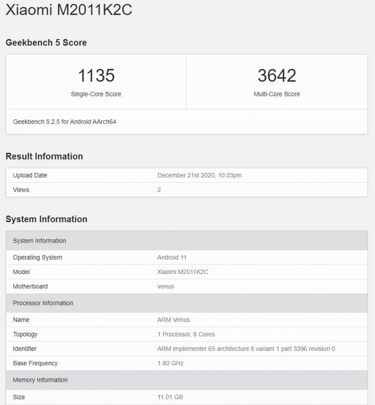 Xiaomi Mi 11 Geekbench